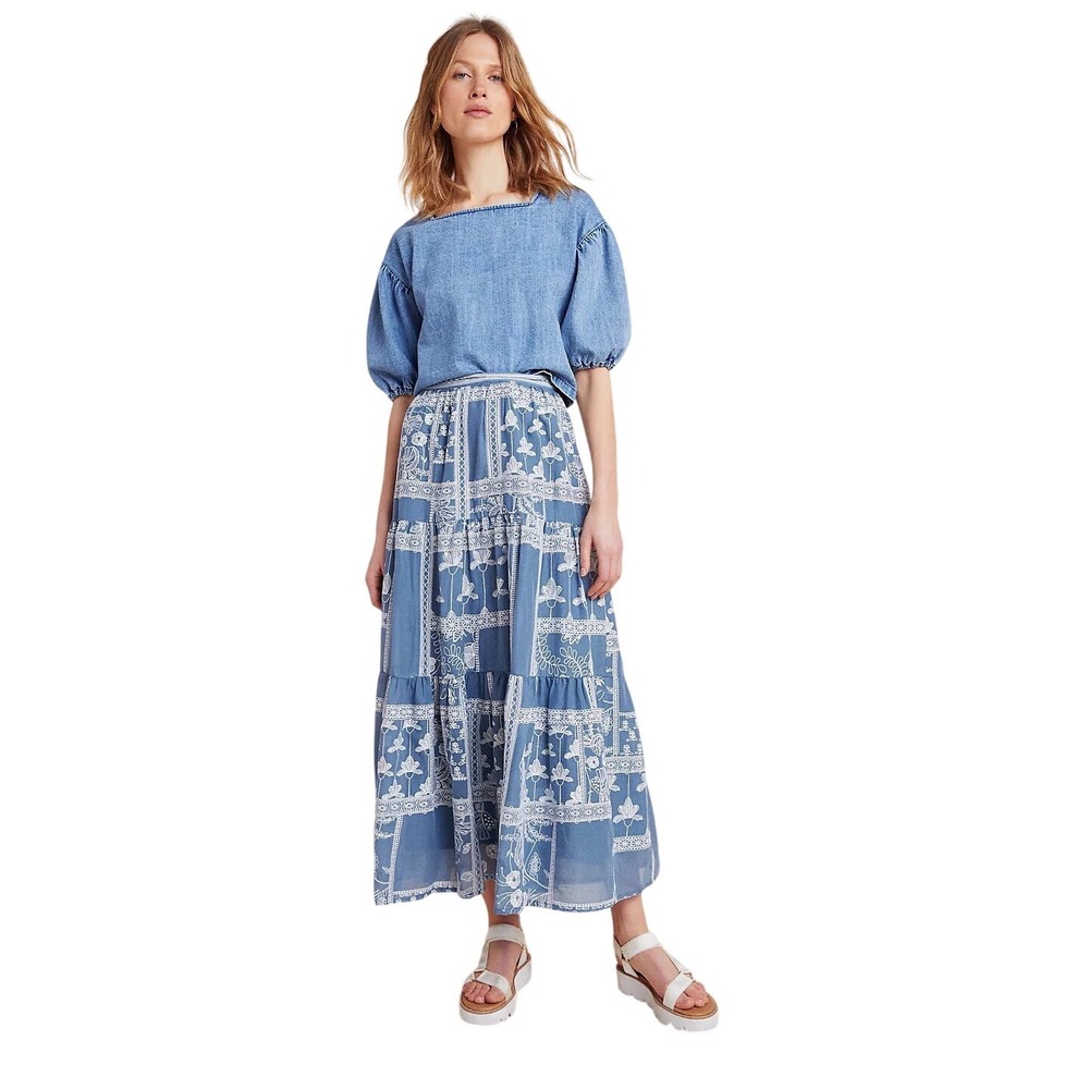 Maeve Anthropologie Ariadne Blue Embroidered Maxi Skirt  Chambray Tiered Medium - Picture 13 of 16